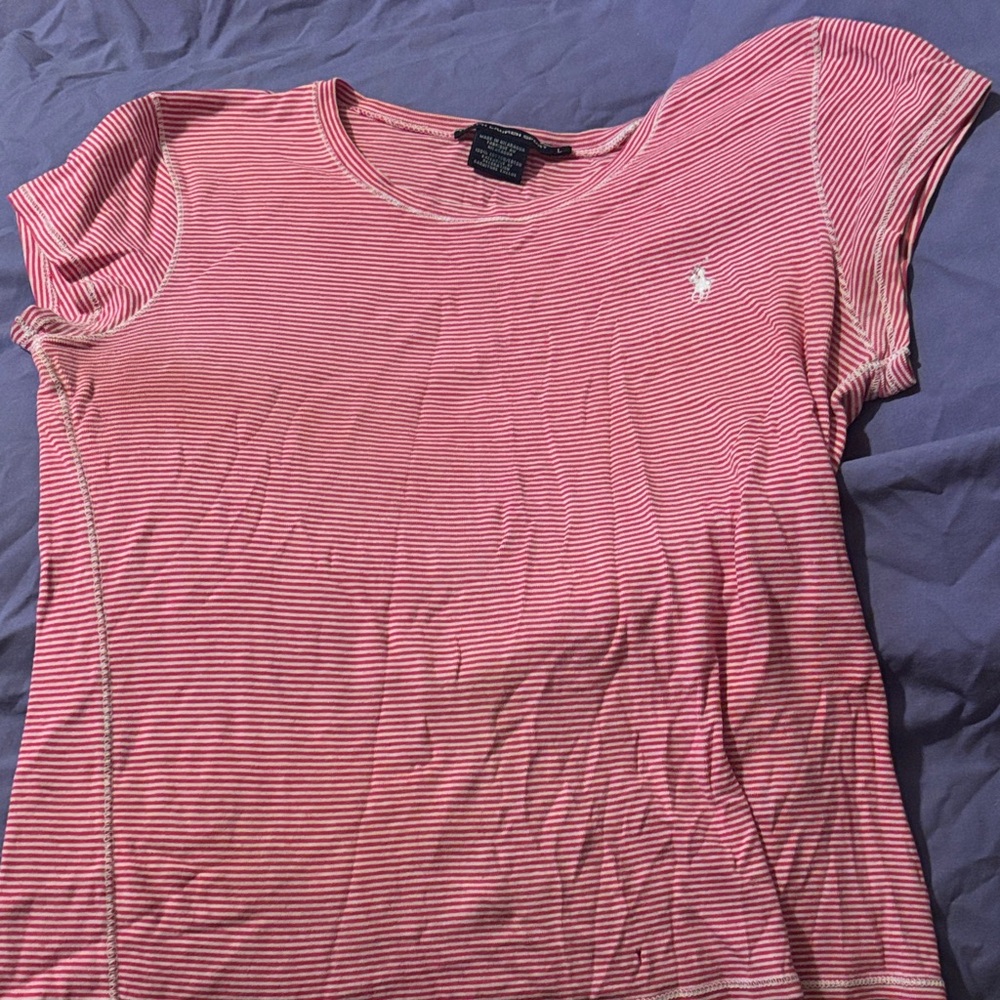 Polo by Ralph Lauren Women's Pink and White Striped Tee